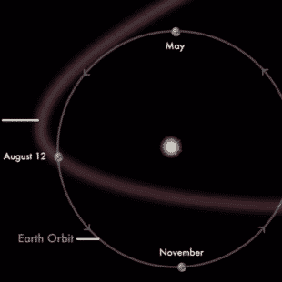 [CREDIT: NASA] A diagram of the Earth's path through the debris from the Comet Swift-Tuttle. The yearly journey along this path is the reason for the Perseid Meteor Shower.